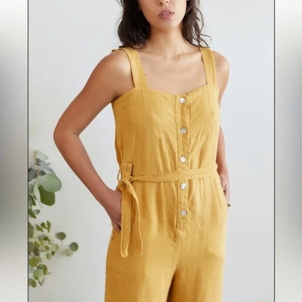 Sugar‎ Candy Mountain Mustard Yellow 100% Linen Button Front Jumpsuit Small USA